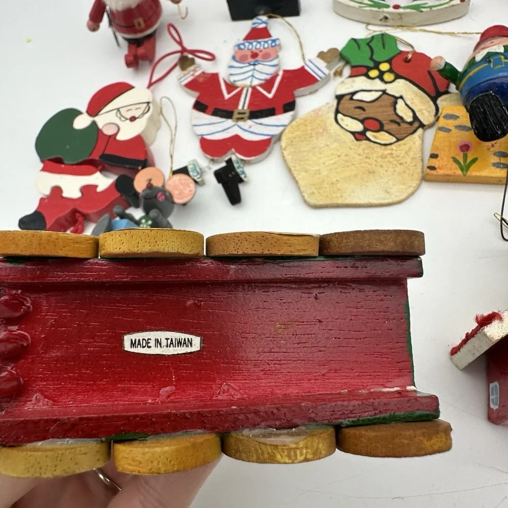 Lot Of 13 VTG wooden ornaments Santa, Train ,Nutcracker, House, Horse, Chimney
